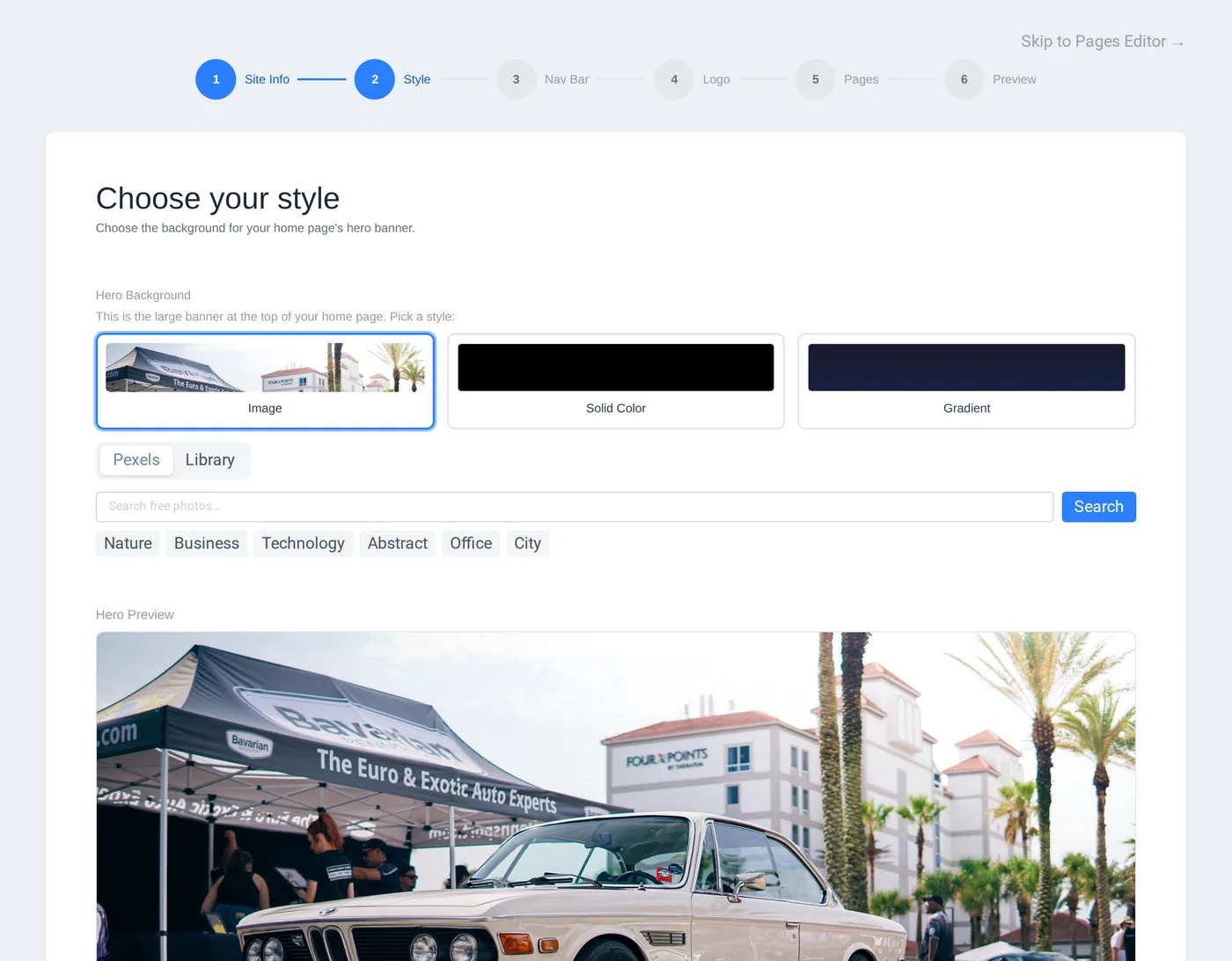 The EZ Start Wizard on the Style step — a six-step progress bar (Site Info, Style, Nav Bar, Logo, Pages, Preview) above options to set the home page hero background from an image, solid color, or gradient, with a live preview.