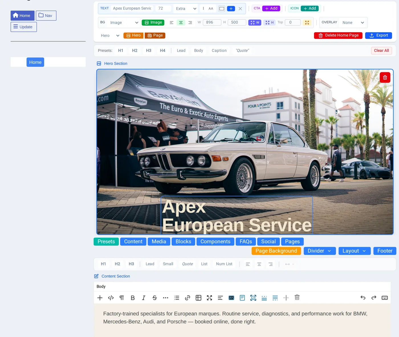 The CloudHoot page editor: a hero block with a photo background and the cream headline 'Apex European Service' set lower-left, the block library palette (Content, Media, Blocks, Components, FAQs, Social, Pages), and an inline Imperavi Redactor rich-text toolbar editing the body copy in place.