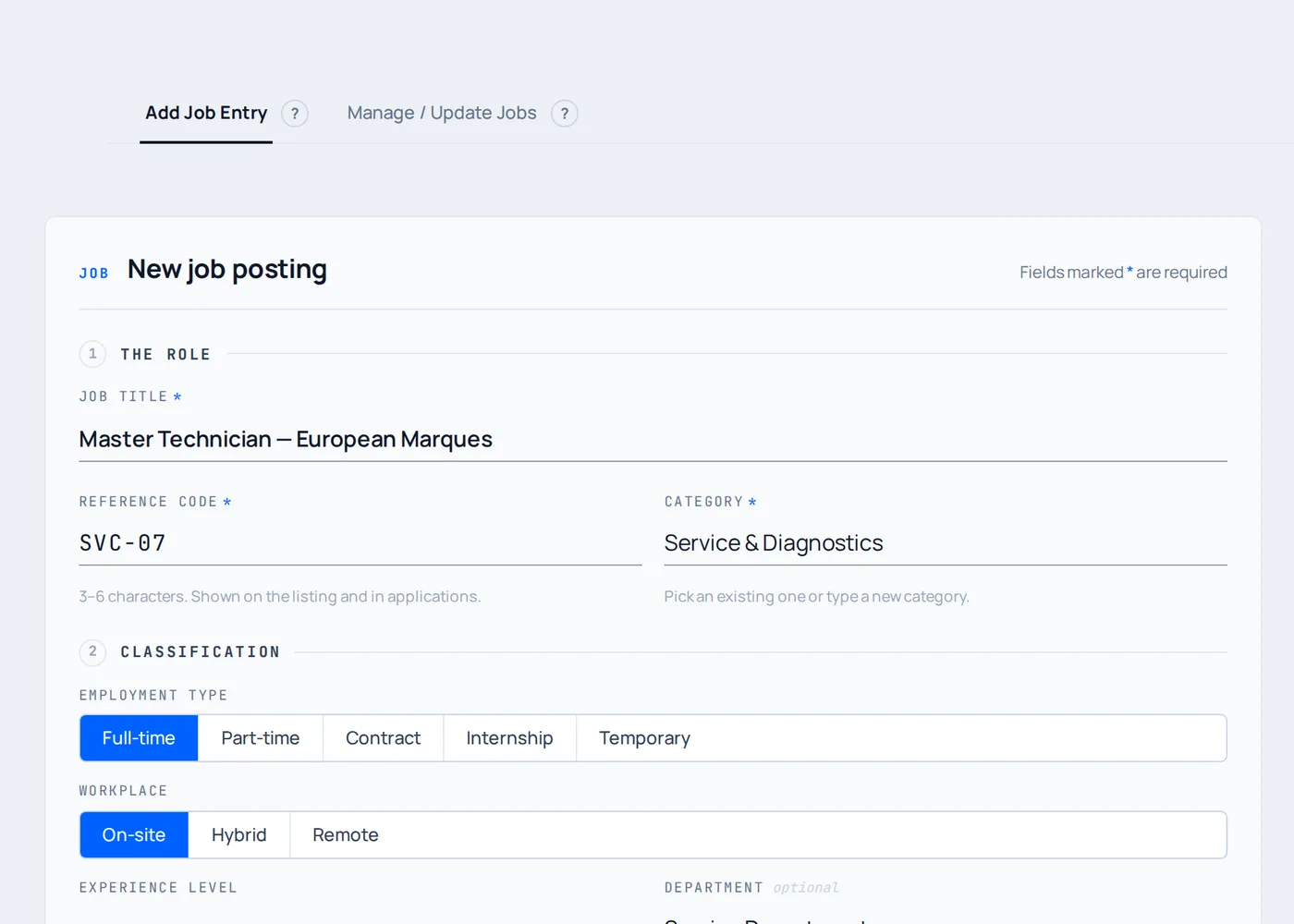 The CloudHoot job-posting builder: a 'New job posting' form with role title, reference code, category, employment type, and workplace fields — zero code.